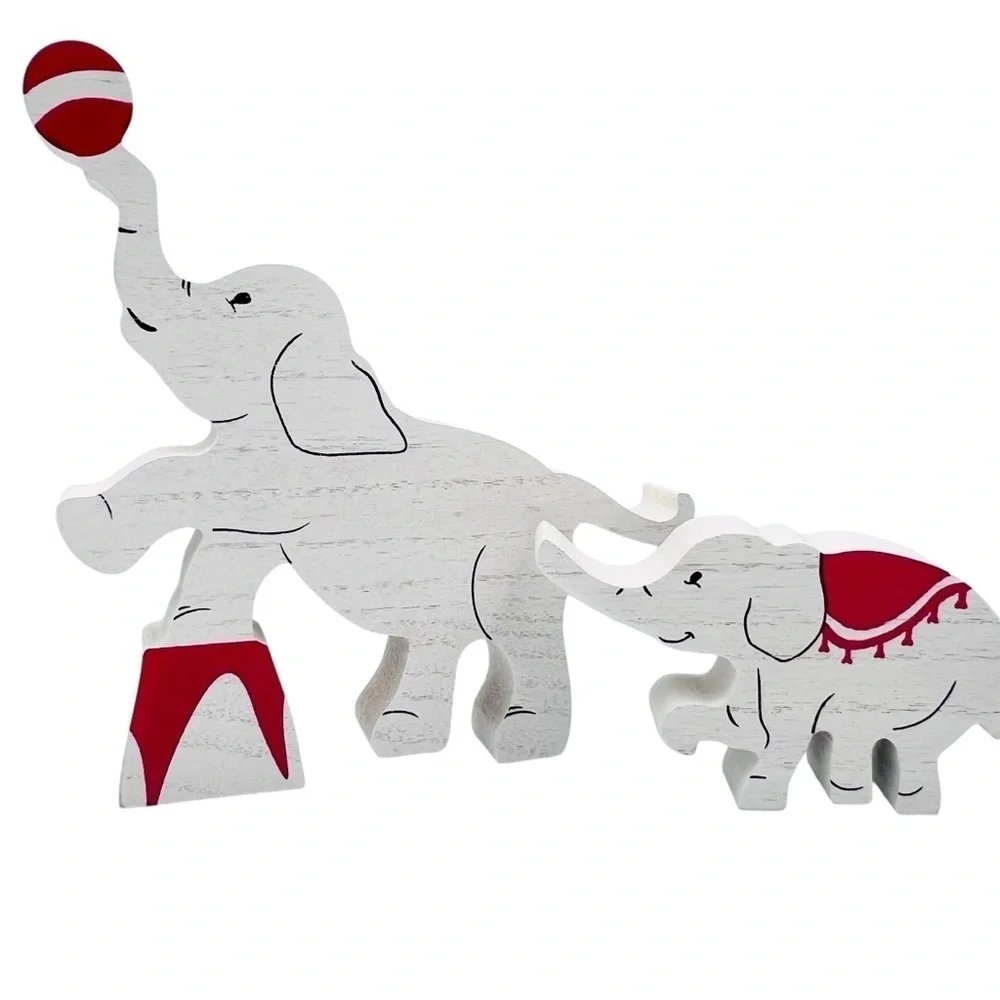 Whimsical Elephant Circus Family Red & White Wooden Sign Set of 3 Home Decor NEW